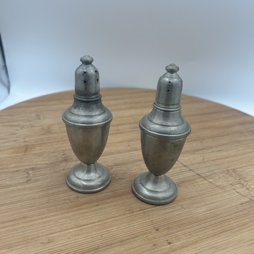 International Pewter Weighted Salt and‎ Pepper Shakers Glass Lined Vintage Money